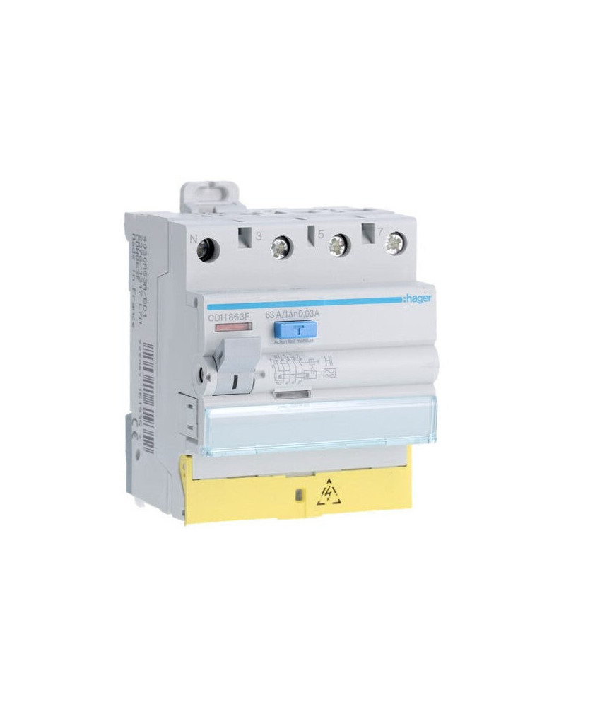 CDH863F Hager Interrupteur différentiel triphasé + neutre 63A 30mA type haute immunité à bornes décalées