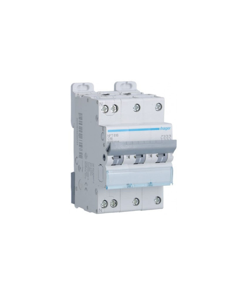 Hager - Disjoncteur 3P+N 6-10kA courbe C - 16A 3 modules - Réf : NFT816