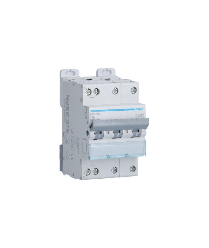 Hager - Disjoncteur 3P+N 6-10kA courbe C - 32A 3 modules - Réf : NFT832