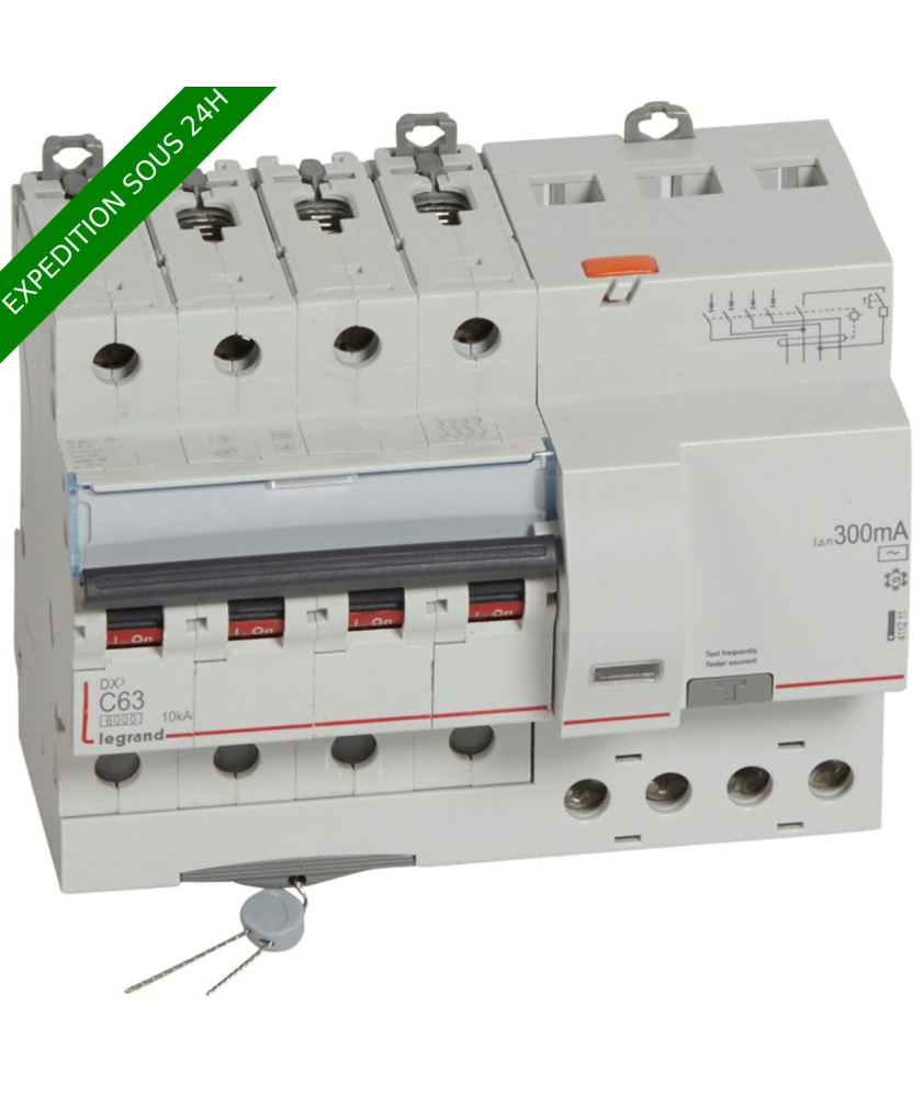 Legrand - Disjoncteur diff DX³ 6000 - vis/vis - 4P- 400V~ - 63A - typeAC 300mA - courbe C - 7 mod - Réf : 411211
