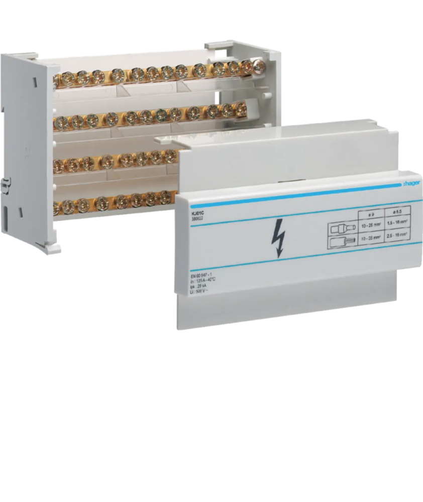 Répartiteur à barrettes étagé 125A, 4 pole 2x 10-35mm²/10 x 2,5-16²par pole