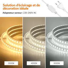 Kit de 50m RUBAN LED Étanche 230V, 120 LEDs/m recoupable silicone Blanc Neutre 4000K