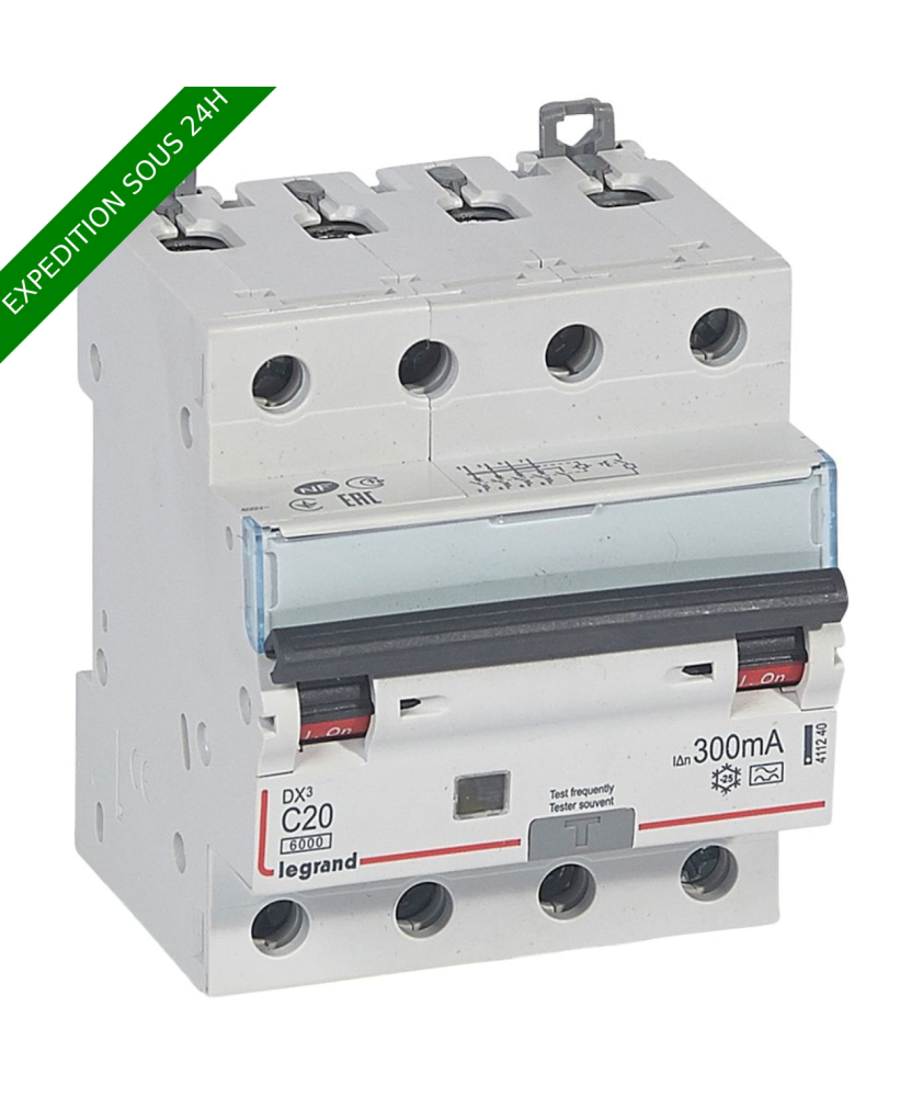 Disjoncteur différentiel monobloc DX³6000 10kA arrivée haute et départ bas à vis 4P 400V~ - 20A - typeA 300mA réf : 411240