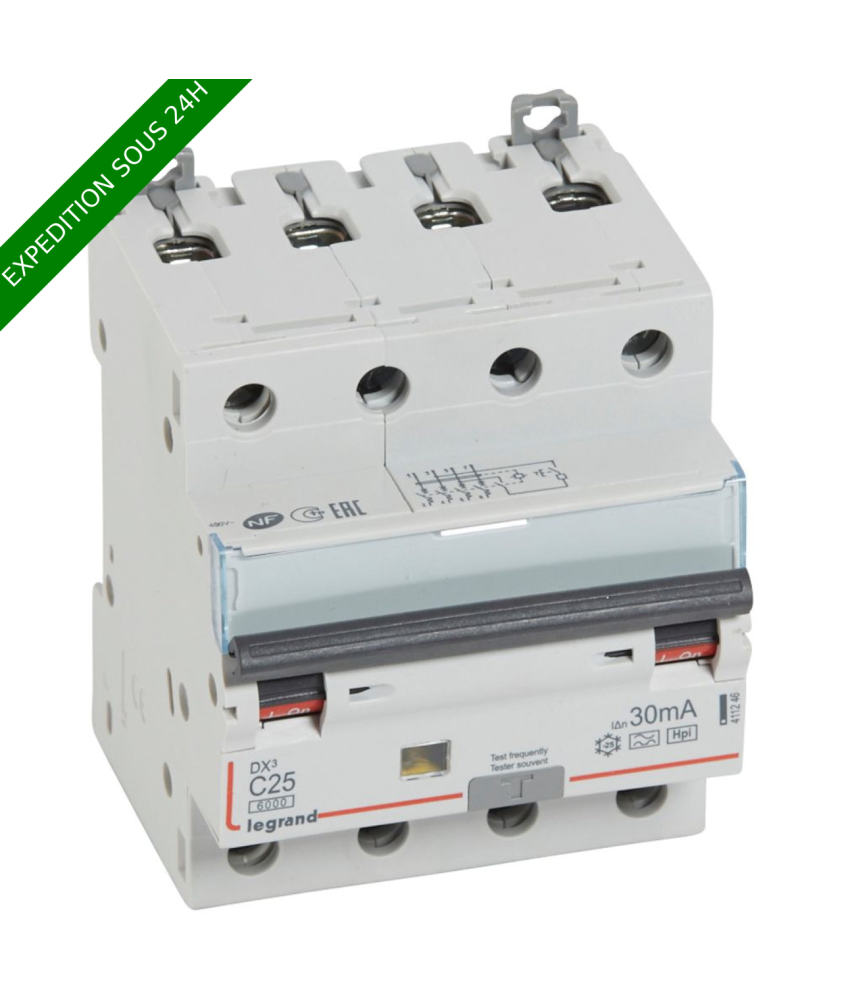 Disjoncteur différentiel monobloc DX³6000 10kA arrivée haute et départ bas à vis 4P 400V~ - 25A - typeF 30mA réf : 411246