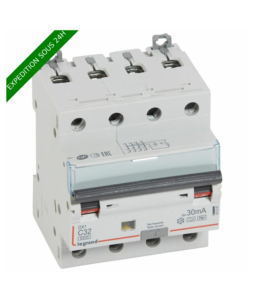 Disjoncteur différentiel monobloc DX³6000 10kA arrivée haute et départ bas à vis 4P 400V~ - 32A - typeF 30mA réf : 411247