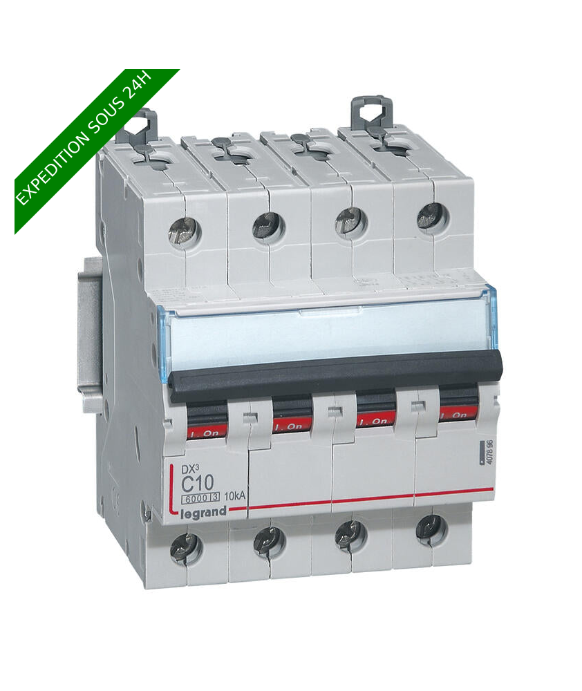 Disjoncteur DX³6000 10kA arrivée haute et départ bas à vis 4P 400V~ - 10A - courbe C - pour peigne HX³ traditionnel : ref 4