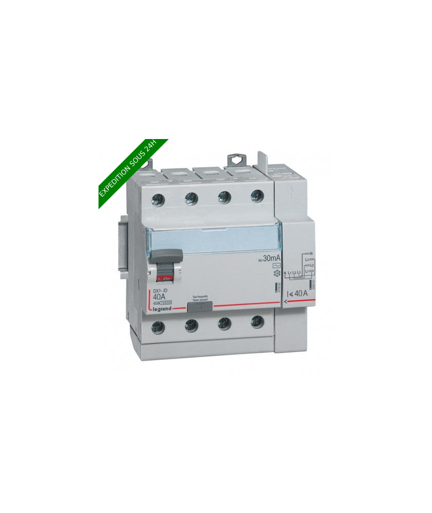 Interrupteur différentiel DX³-ID arrivée haut à vis et départ haut automatique - 4P 400V~ 40A typeAC 30mA - 5 modules réf 