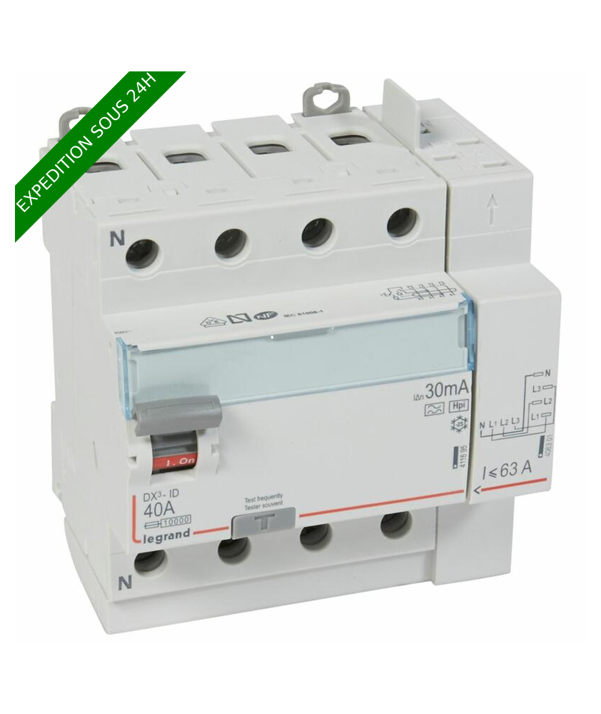Interrupteur différentiel DX³-ID arrivée haut à vis et départ haut automatique - 4P 400V~ 40A typeF 30mA - 5 modules réf :