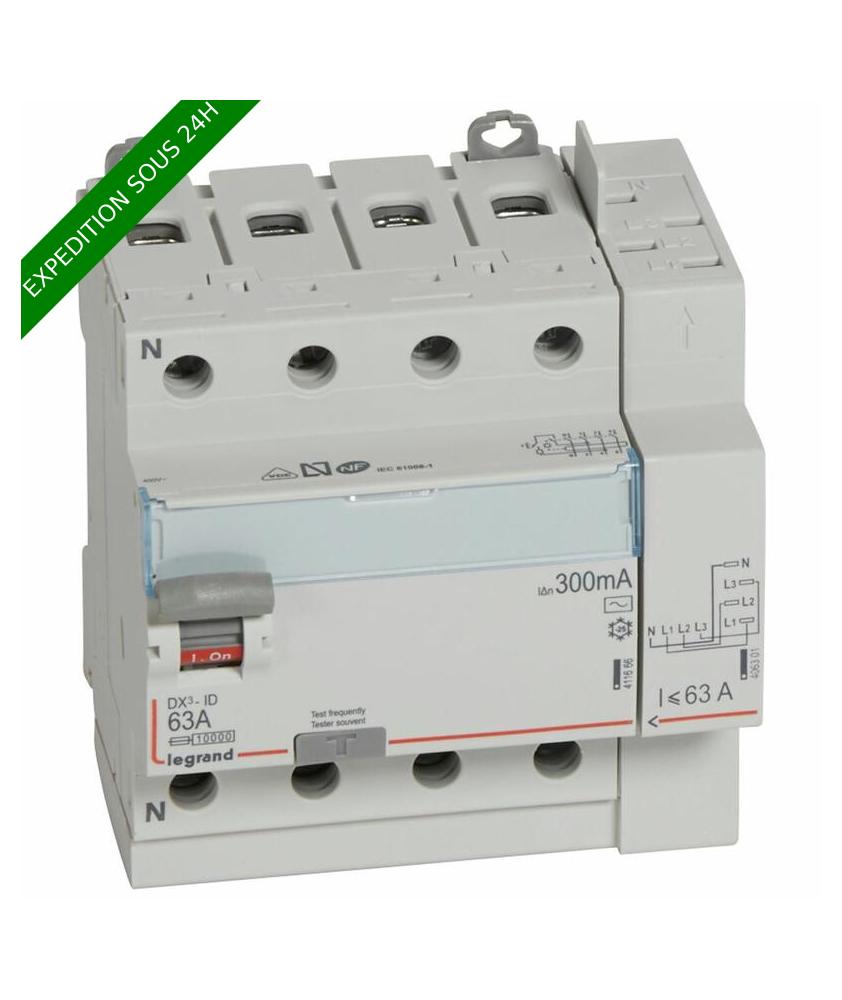 Interrupteur différentiel DX³-ID arrivée haut à vis et départ haut automatique - 4P 400V~ 63A typeAC 300mA - 5 modules réf