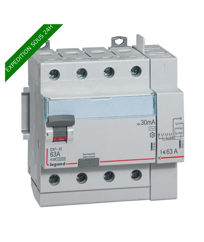 Interrupteur différentiel DX³-ID arrivée haut à vis et départ haut automatique - 4P 400V~ 63A typeAC 30mA - 5 modules réf 