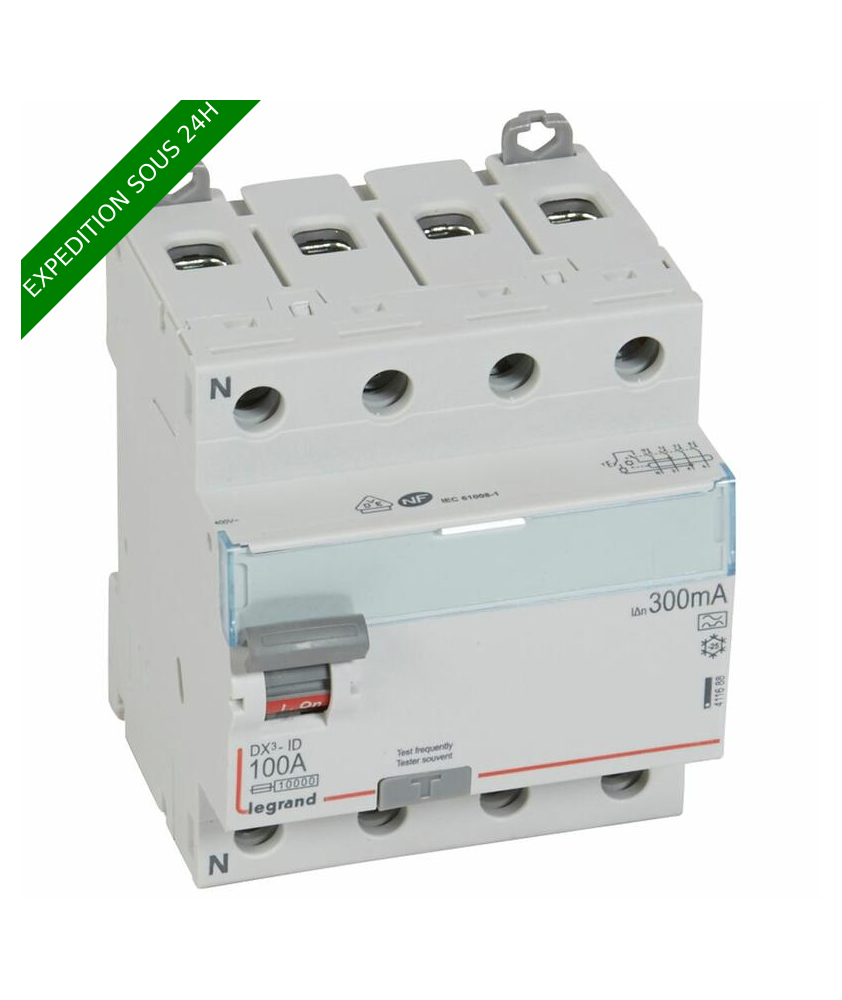 Interrupteur différentiel DX³-ID arrivée haute et départ bas à vis - 4P 400V~ 100A typeA 300mA - 4 modules réf : 411688