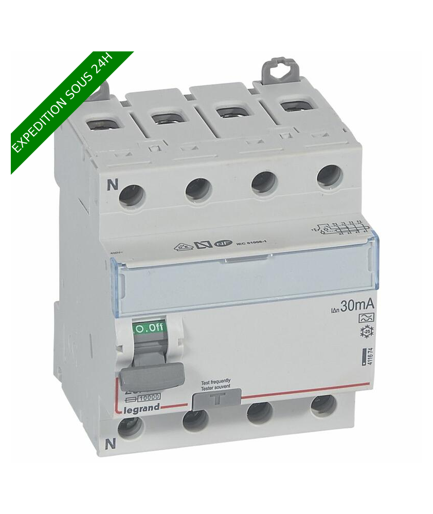 Interrupteur différentiel DX³-ID arrivée haute et départ bas à vis - 4P 400V~ 25A typeA 30mA - 4 modules réf : 411674