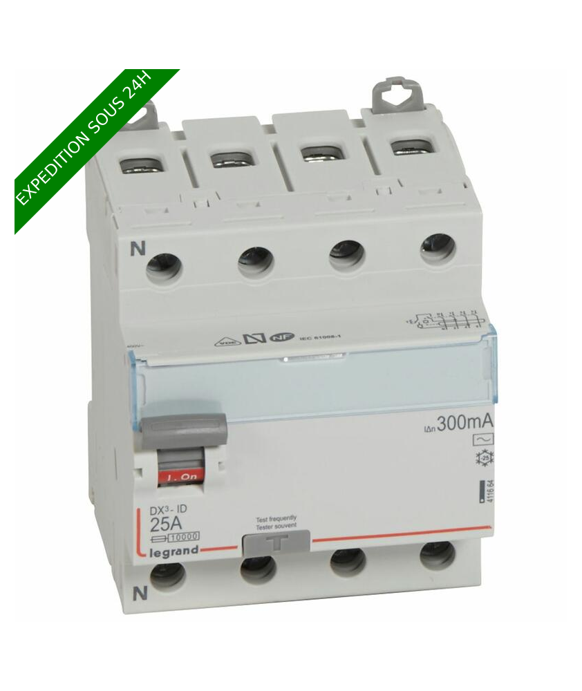 Interrupteur différentiel DX³-ID arrivée haute et départ bas à vis - 4P 400V~ 25A typeAC 300mA - 4 modules réf : 411664