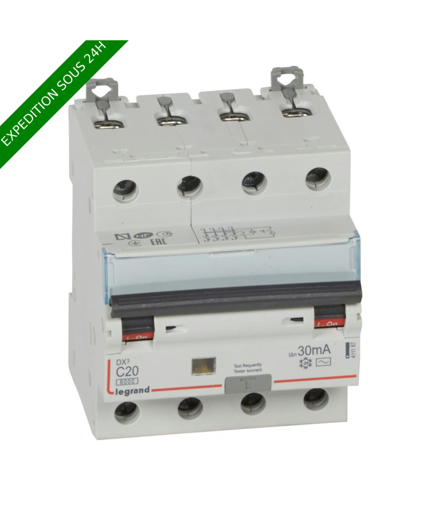 Legrand - Disjoncteur diff DX³ 6000 - vis/vis - 4P 400V~ - 20A - type AC 30mA - courbe C - 4 mod - Réf : 411187