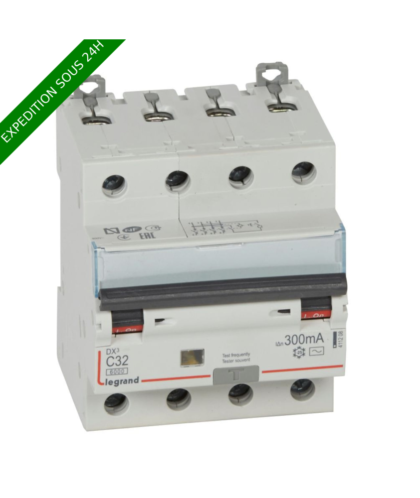 Legrand - Disjoncteur diff DX³ 6000 - vis/vis - 4P 400V~ - 32A - type AC 300mA - courbe C - 4 mod - Réf : 411208