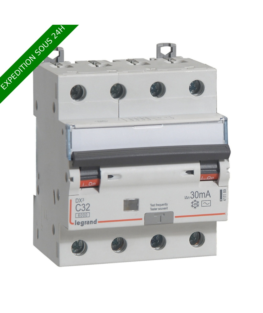 Legrand - Disjoncteur diff DX³ 6000 - vis/vis - 4P 400V~ - 32A - type AC 30mA - courbe C - 4 mod - Réf : 411189