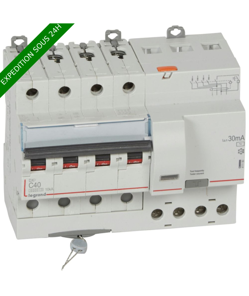 Legrand - Disjoncteur diff DX³ 6000 - vis/vis - 4P 400V~ - 40A - type AC 30mA - courbe C - 7 mod - Réf : 411190