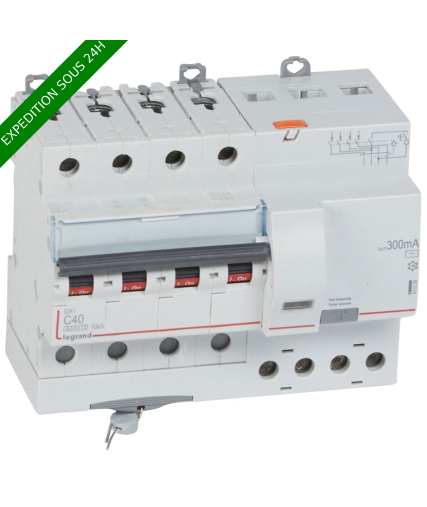 Legrand - Disjoncteur diff DX³ 6000 - vis/vis - 4P- 400V~ - 40A - typeAC 300mA - courbe C - 7 mod - Réf : 411209