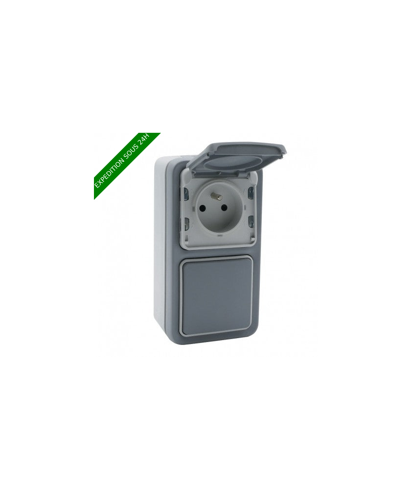 Legrand - Interrupteur ou va-et-vient + prise avec terre Plexo apparent vertical - Gris - Réf : 069914